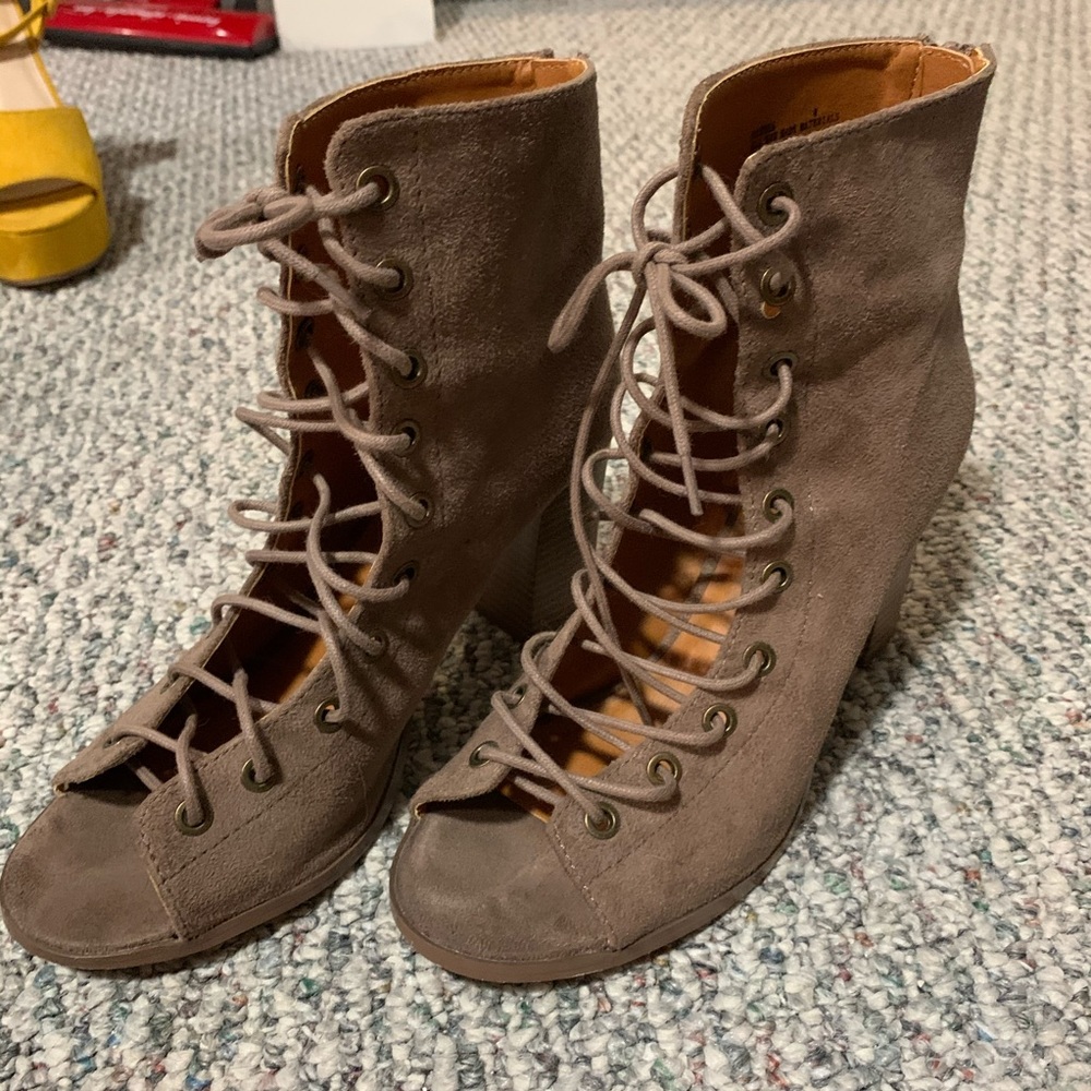 Brown faux suede lace up bootie sandals